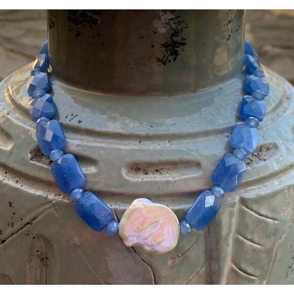 Sterling Silver, Pearl and Blue Chalcedony Necklace Vintage - Picture 1 of 7